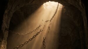 Chaînes brisées avec une lumière dorée descendant du ciel, symbolisant la délivrance divine
