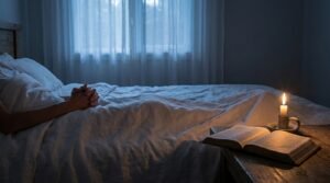 Mains en prière dans la nuit, lumière lunaire et paix divine pour dormir