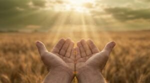 Mains ouvertes recevant une lumière dorée du ciel, symbole de la provision divine et de l'abondance biblique