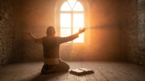 Personne en prière puissante du matin, lumière de l'aurore, présence de Dieu